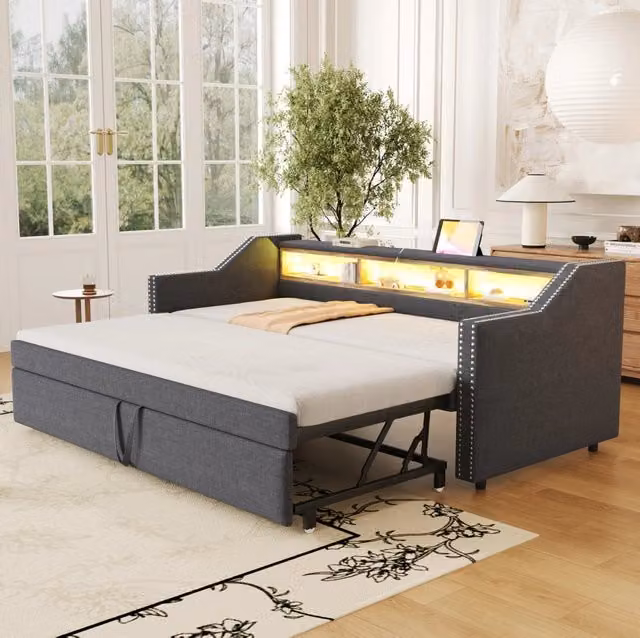 Divano letto imbottito ULEVR 90/180x190 cm estraibile con 3 vani, LED e USB, grigio scuro