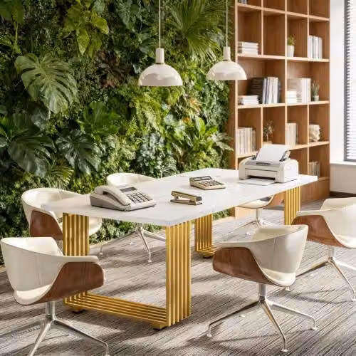 Scrivania dritta multifunzionale moderna con piano in legno e gambe in metallo per ufficio o casa, bianco e oro, L: 180 cm, P: 79 cm, H: 78 cm – 2
