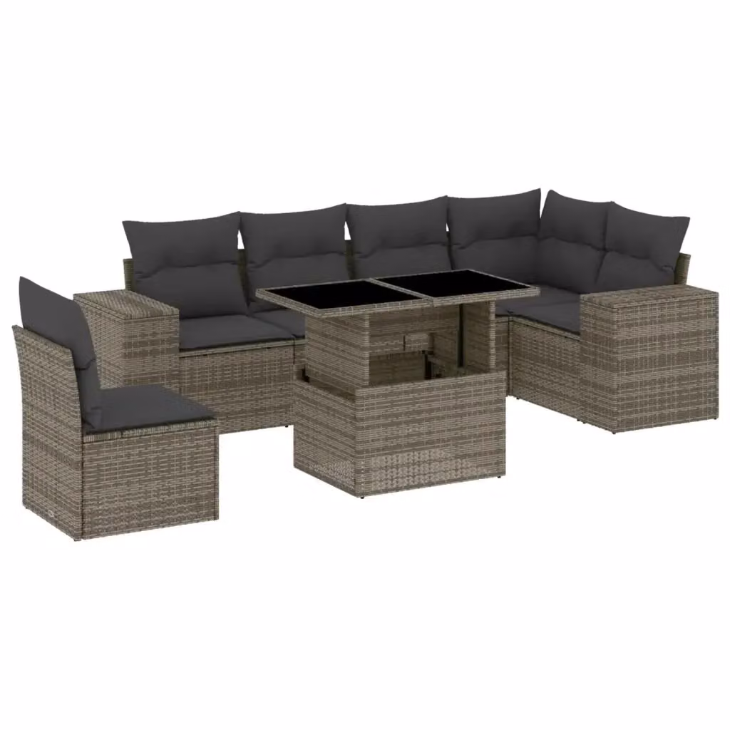 vidaXL Set di Divani da Giardino 7 pz in Polyrattan Grigio con Cuscini e Tavolino – 2