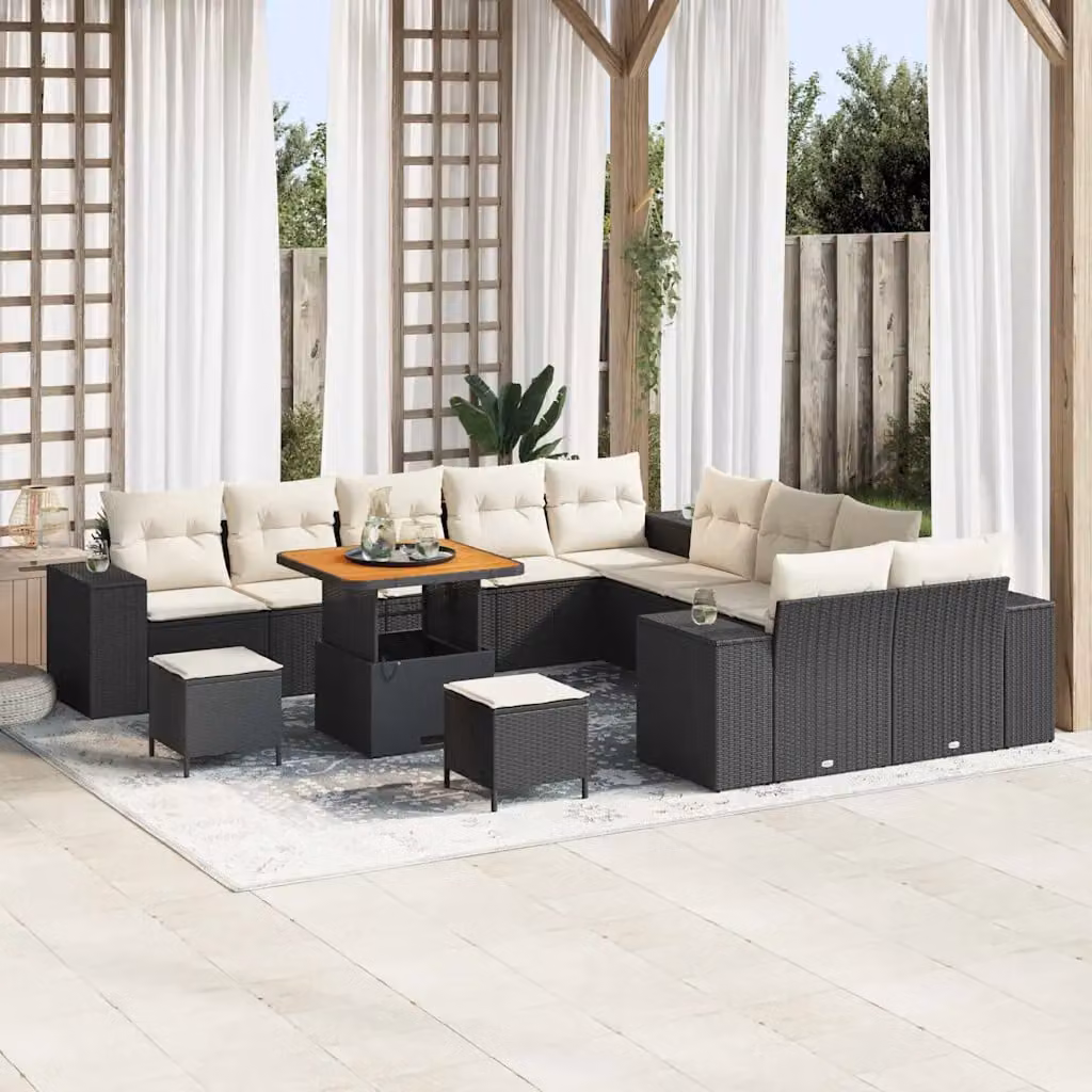 Set Divano da Giardino vidaXL 13 Pezzi con Cuscini Beige e Nero in Polyrattan e Acciaio – 1