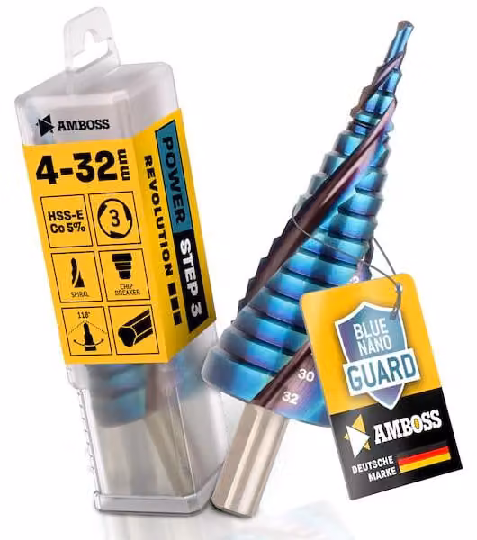 Punte a gradini AMBOSS HSS-E Co 5% D: 4-6-8-10-12-14-16-18-20-22-24-26-28-30-32 mm con rivestimento TiAlSiN nano blue