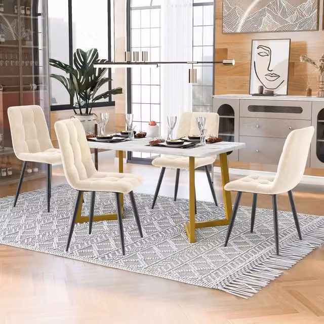 Tavolo da Pranzo con 4 Sedie Set ¨C MINIMAL ¨C Rettangolare, Gambe Dorate, Sedute Beige Velluto