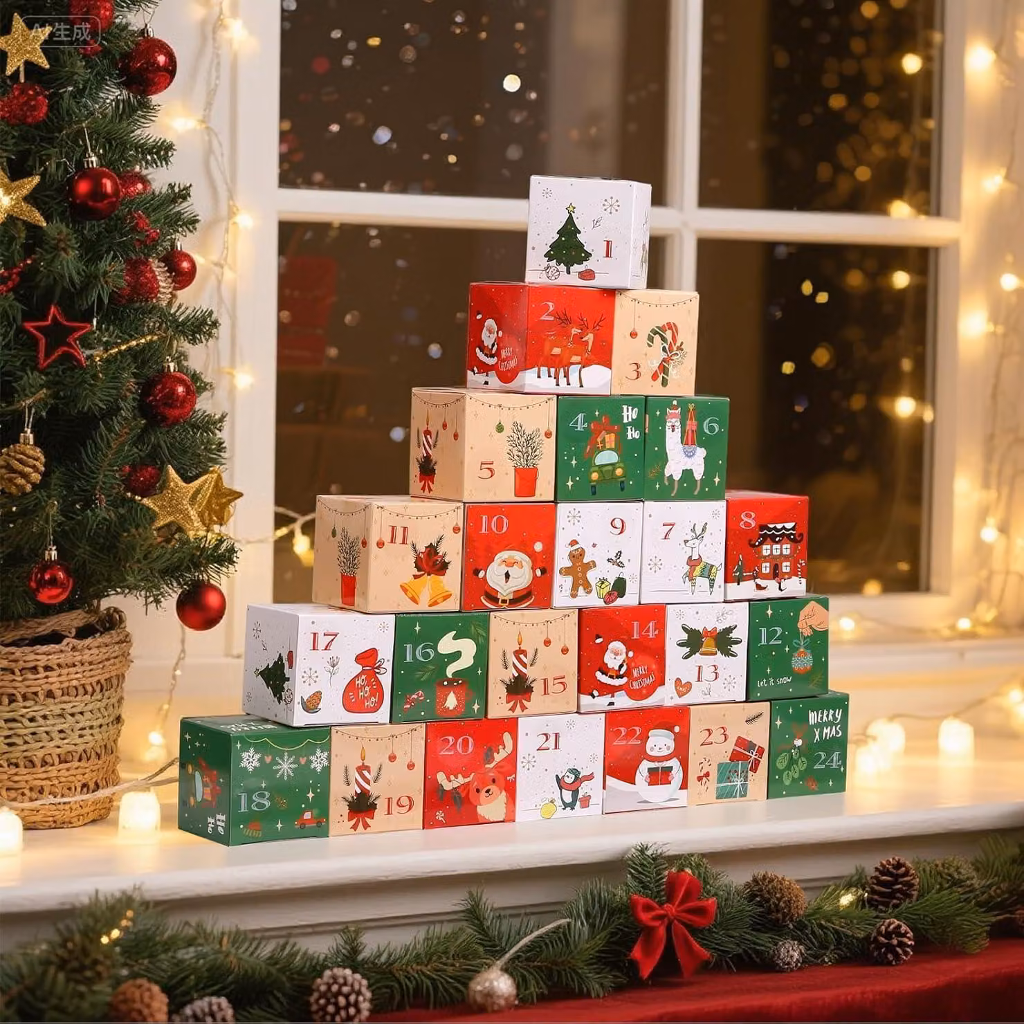 Calendario dell'Avvento con 24 scomparti, ideale per essere riempito, per bambini, nei colori rosso, verde e bianco