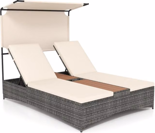 Lettino prendisole per 2 persone con tettuccio schienali regolabili, Lettino prendisole con tavolino integrato per balcone terrazza e patio Beige