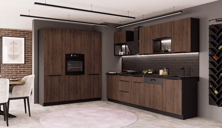 Cucina MONZA LOFT - 280 + 180 cm, linea cucina, blocco cucina, cucina componibile, noce Okapi opaco + nero opaco