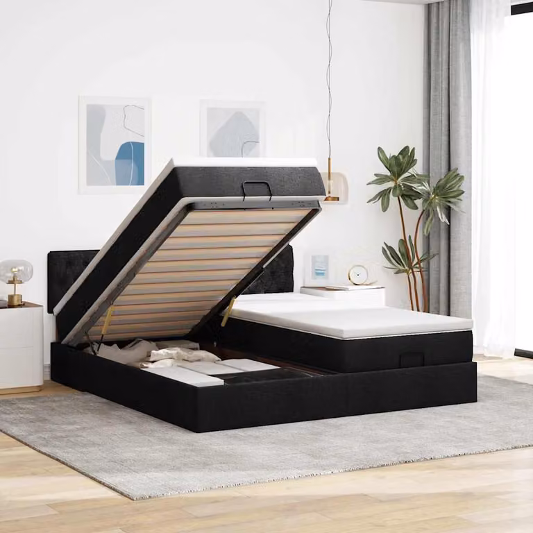 vidaXL Struttura Letto con Contenitore a Sollevamento e Materasso in Tessuto Nero L: 160 cm, P: 200 cm, H: 88 cm