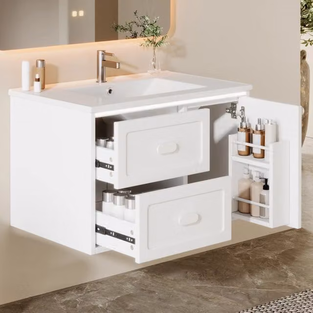 Mobiletto Bagno Sospeso con Lavabo Integrato e LED ¨C MINIMAL ¨C Bianco, 2 Cassetti, 76x46x51 cm