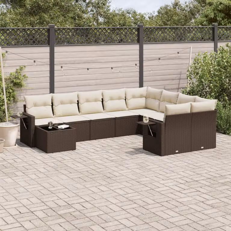 vidaXL Set Divani da Giardino 10pz in Polyrattan Marrone con Cuscini e Tavolino da Esterno