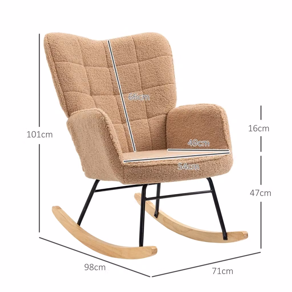 Poltrona a dondolo WISHDOR in tessuto effetto peluche marrone e beige con struttura in metallo e base in legno di faggio