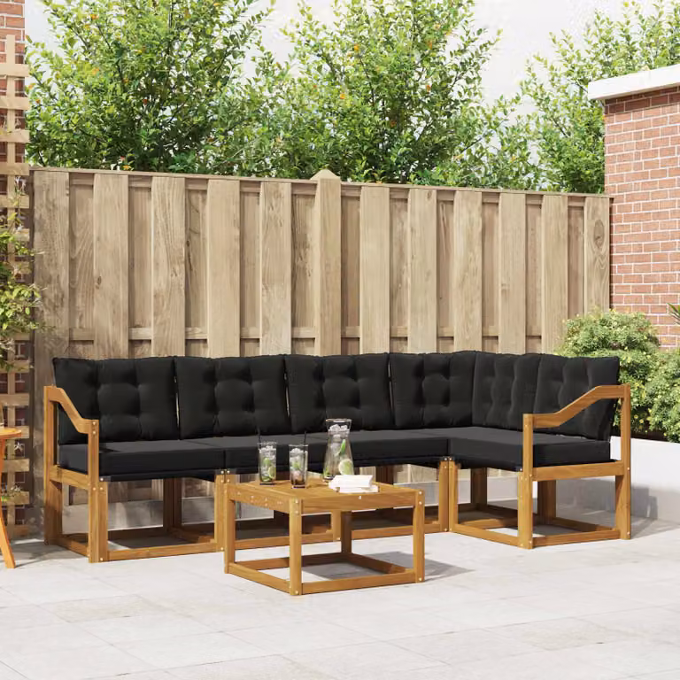 Set di divani da esterno vidaXL 6 pz a forma di L in legno di acacia con tavolino e cuscini, colore nero e marrone naturale