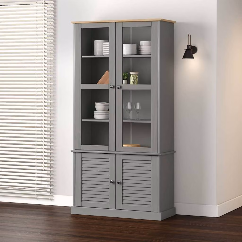 Vetrina VIGO vidaXL in legno massello di pino grigio con ante in vetro, L/P/H: 85 x 35 x 170 cm