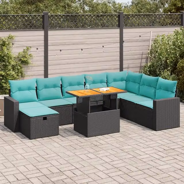 Set Divani da Giardino 9 pz con Cuscini Nero Polyrattan Acacia 3328016