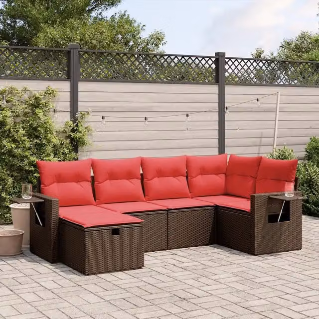 Set di Divani da Giardino a L vidaXL in Polyrattan Marrone con Cuscini e Ottoman per Terrazza e Balcone