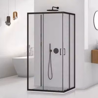 Box doccia Tay a 3 lati con doppio sistema scorrevole, forma rettangolare a U, colore nero opaco e vetro trasparente, L: 90 cm, P: 70 cm, H: 195 cm – 1