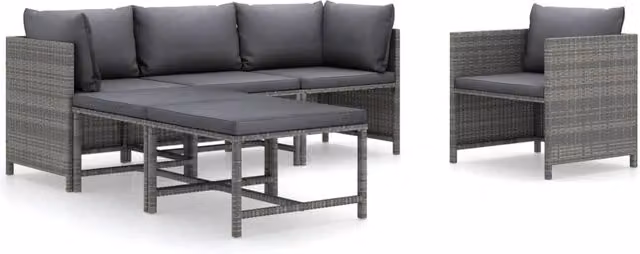 Set di mobili da giardino Outsunny composto da 6 pezzi con design moderno a forma di L, include cuscini imbottiti e pouf, struttura in metallo e resina intrecciata color grigio antracite
