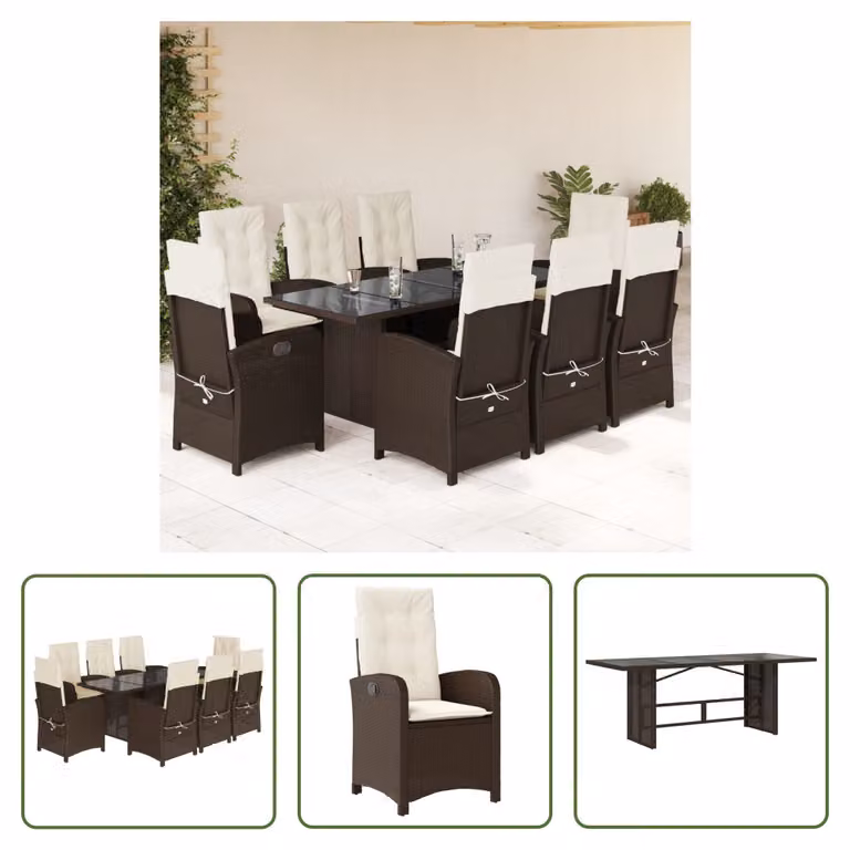 The Living Store Set da pranzo da giardino 9 pezzi con cuscini in polirattan marrone