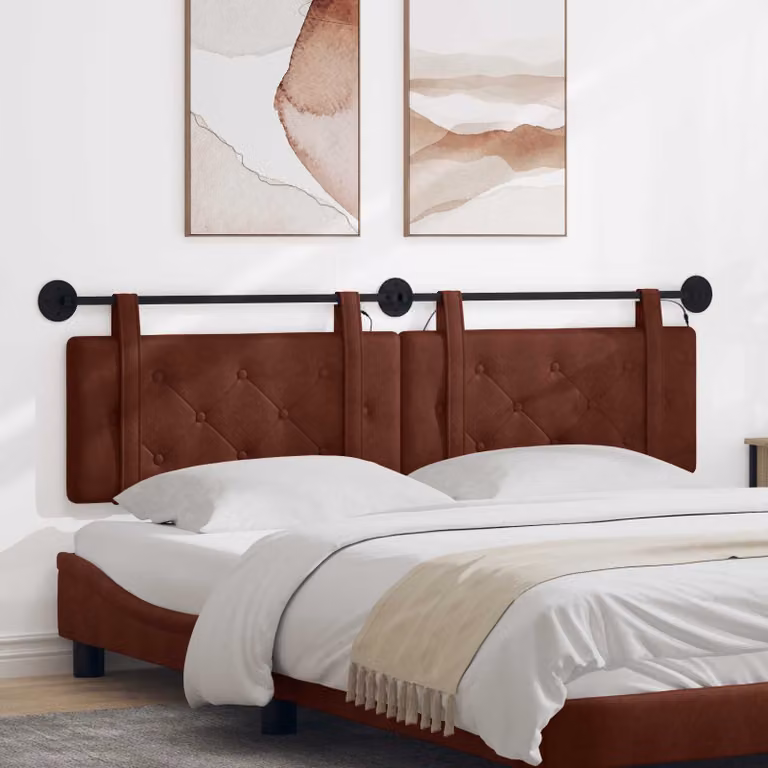 Testiera da letto sospesa vidaXL in ecopelle marrone con illuminazione integrata e pannello imbottito, L: 190 cm, H: 55 cm, P: 8,5 cm