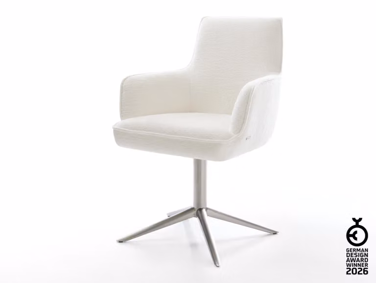 Sedia girevole DELIFE Heira-Flex con braccioli Bouclé Soft Beige Base in acciaio inox Girevole a 360° Funzione oscillante Molle insacchettate