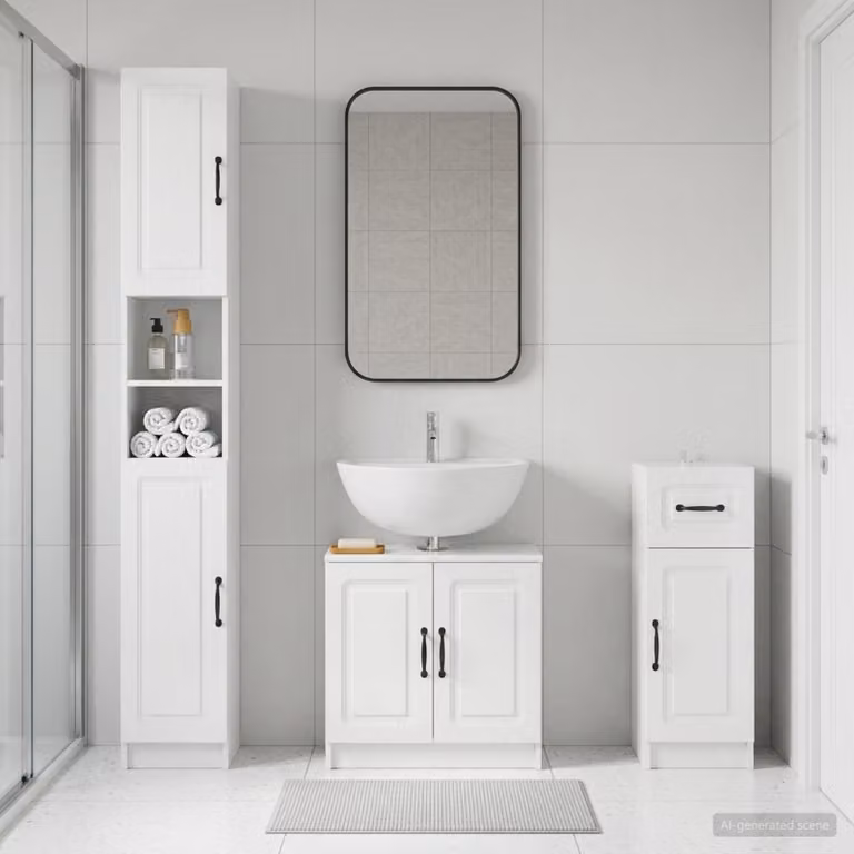 Set di armadietti da bagno moderni vidaXL UTRECHT in 3 pezzi, Bianco Lucido