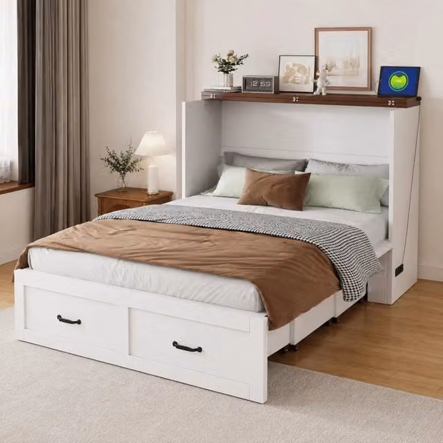 Letto a scomparsa estraibile 140 x 200 cm con presa europea e ruote silenziose; bianco