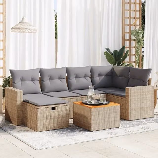 Set di divani da giardino vidaXL in rattan e legno di acacia oliato con cuscini beige, 7 pezzi