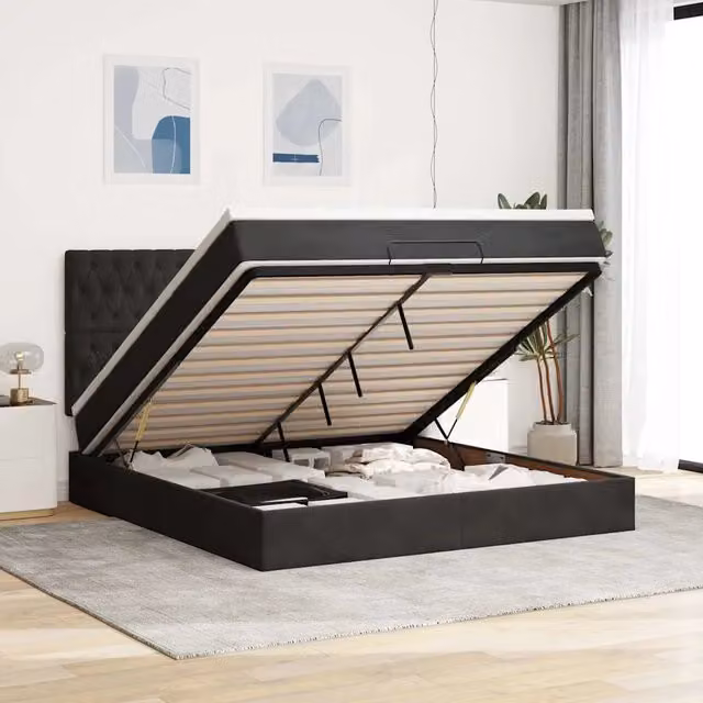 Letto moderno vidaXL con base contenitore a sollevamento, rivestimento in velluto nero e bianco, con illuminazione sottostante e porte di ricarica USB, L/P/H: 160 x 203 x 128 cm – 1