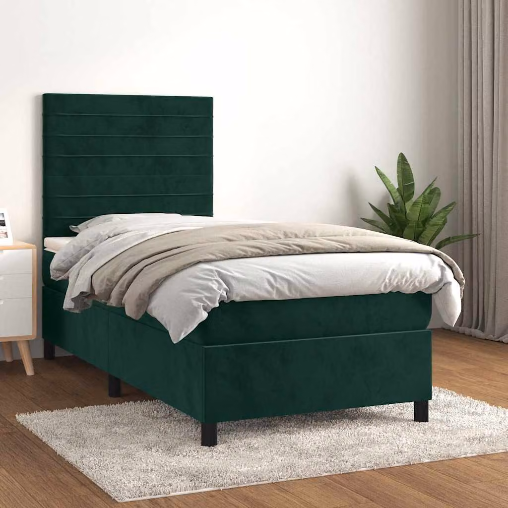 Letto Ibrido vidaXL con Giroletto a Molle e Materasso a Tasche in Velluto Verde Scuro L/P/H: 90 x 190 cm