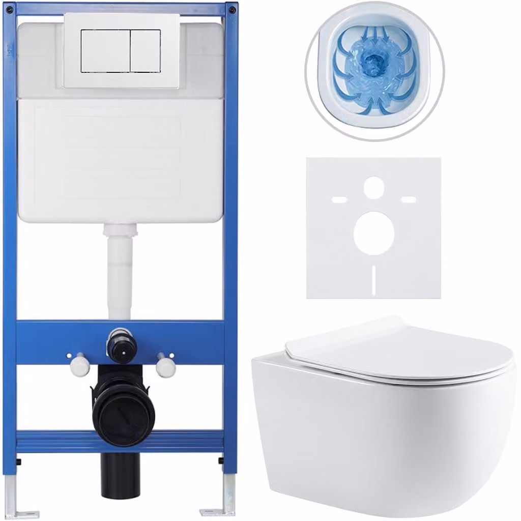 CERANO - Set completo per WC da incasso Lite/Felci - bianco lucido - Pulsante per WC Classic, bianco - Installazione a parete/cartongesso - 52,5x36 cm