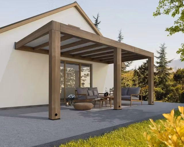 Pergola Helsinki Canoia in legno con tetto in policarbonato, L: 300 cm x P: 470 cm, colori grigio e marrone