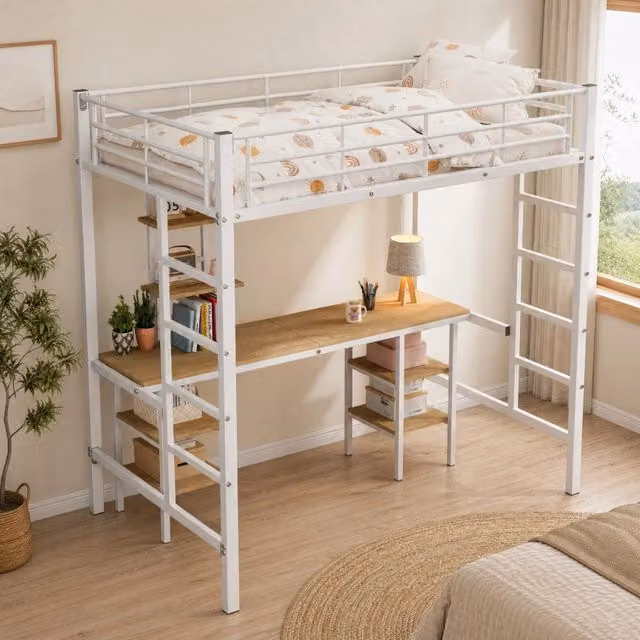 Letto a soppalco 90x200 cm in metallo bianco con scrivania e ripiani