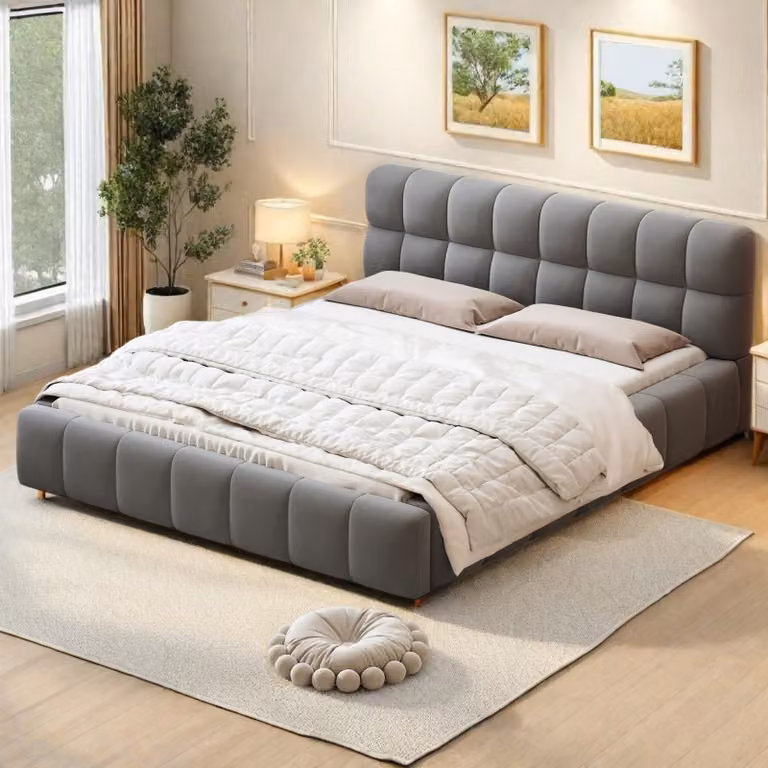 INONEFT Letto matrimoniale 160x200, modello "Bubble", con rete a listelli e testiera imbottita, grigio. Letto imbottito in lino, modello basso, struttura letto, senza materasso