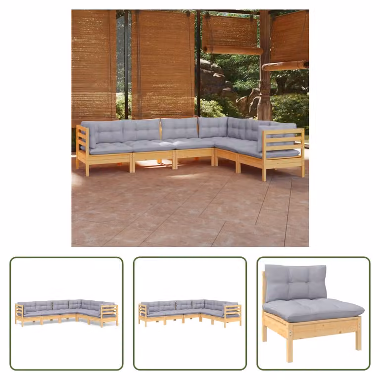 The Living Store Set da salotto da giardino da 6 pezzi con cuscini grigi in legno di pino massiccio