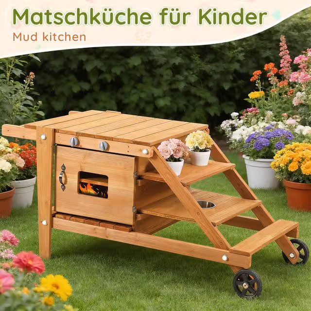 Desviae Cucina da gioco da esterno in legno naturale con ruote, forno magnetico e accessori per bambini da 3 anni