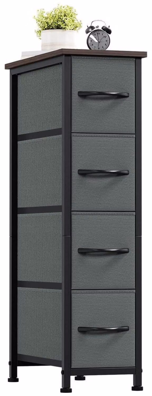 Comodino con 4 cassetti rivestiti in tessuto, design sottile, colore grigio antracite, dimensioni 48x20x75 cm