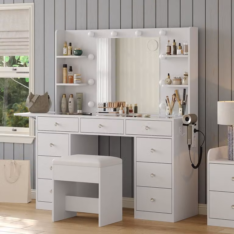 Comò da trucco con specchio e illuminazione a LED, 9 cassetti, 4 ripiani, prese di corrente, colore bianco
