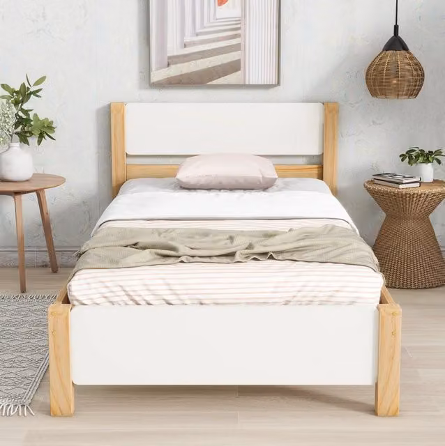 Letto singolo MODFU in legno di pino e MDF, stile scandinavo, bianco e beige, L/P/H: 90 x 200 cm