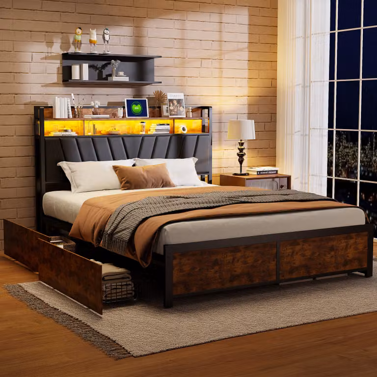 CDGlobal letto imbottito 160x200cm con USB e prese, letto per ragazzi letto matrimoniale con 4 cassetti, letto contenitore letto in legno massiccio con LED e rete a doghe, lino, nero
