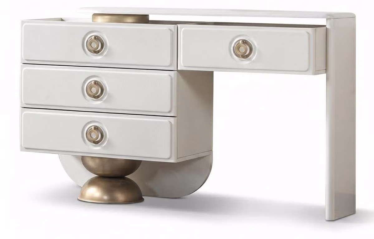 Comò da trucco bianco e dorato, con specchio, comodo, moderno, di forma rettangolare