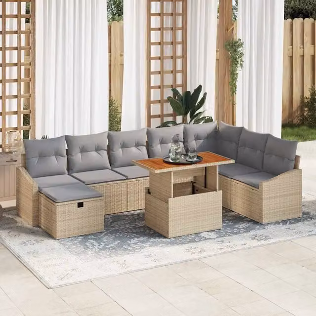 vidaXL Set Divano da Giardino Moderno 9 pz in Polyrattan e Legno di Acacia Beige con Cuscini – 1