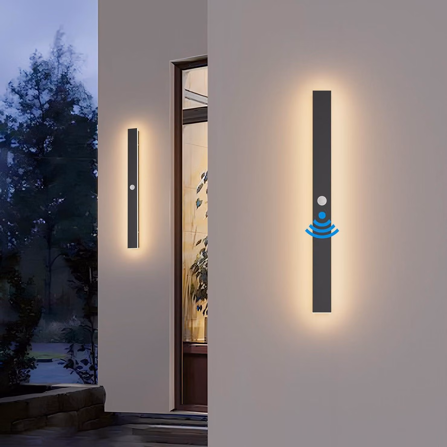 Lampada da parete a LED, 60 cm, con sensore di movimento, grado di protezione IP65, 20 W, luce bianco caldo, colore nero