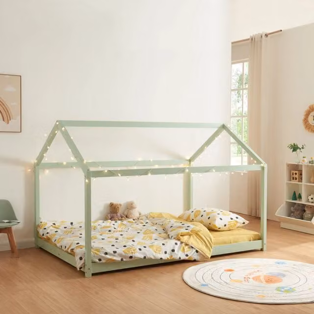 Letto per camerata a forma di casetta en.casa in legno di pino verde menta L/P/H: 200 x 120 x 135 cm – 1
