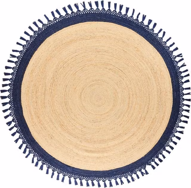 Tappeto Beige e Blu Scuro Rotondo 200 cm Boho Rustico Spirale Intrecciato Fatto a mano Juta Naturale Camera da letto Soggiorno