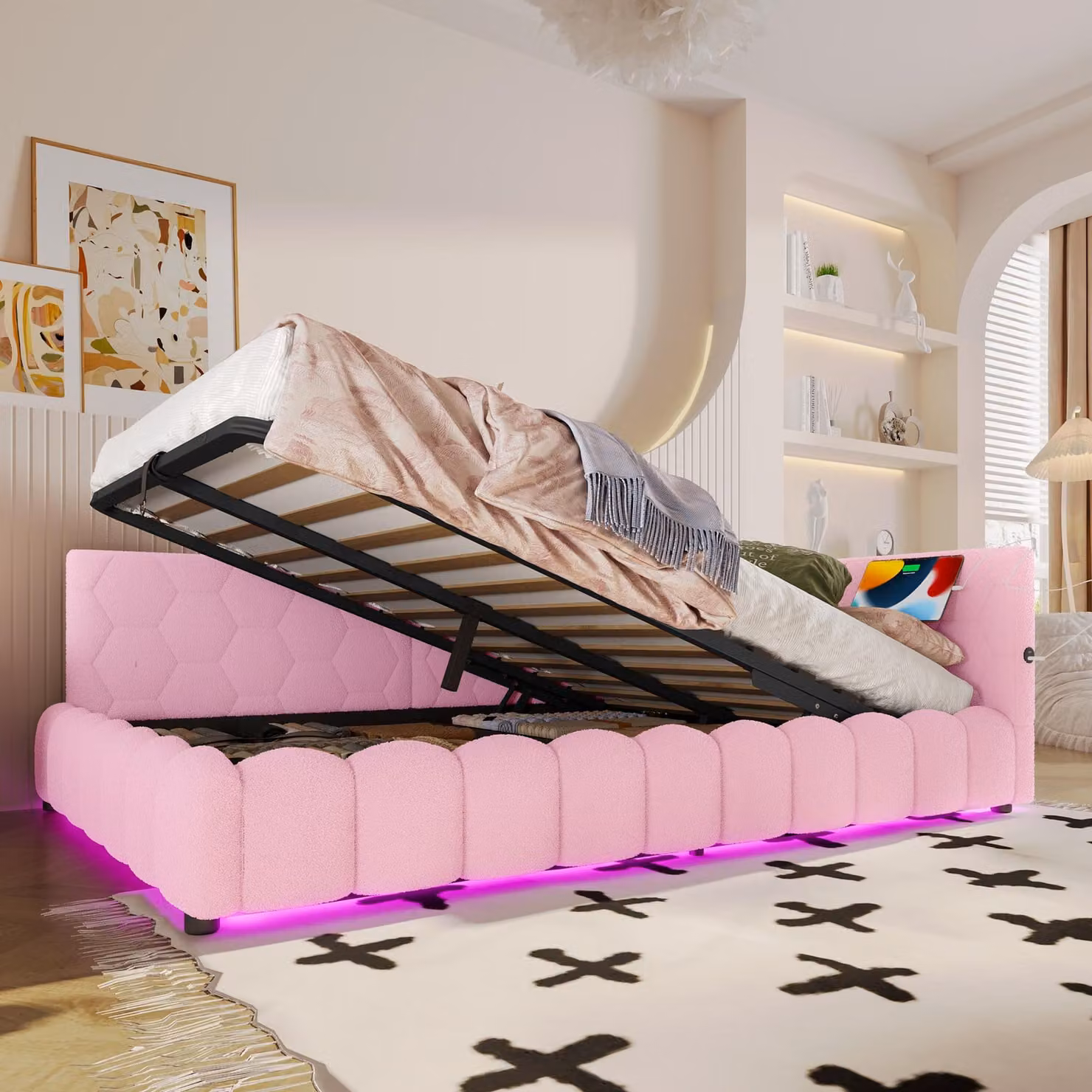 Letto a giorno 140 x 200 cm con spazio contenitore a sollevamento idraulico, striscia LED, porte USB e di tipo C, rete a doghe, rivestimento in tessuto non tessuto e MDF, bianco/rosa