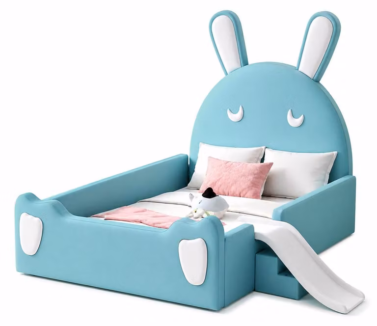 Letto a colori turchese per bambini, con scaletta e scivolo, adatto a bambine e bambini