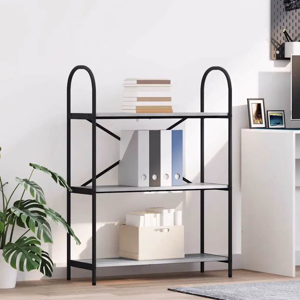 Libreria moderna vidaXL a 3 livelli in metallo e MDF, L 80 cm x P 30 cm x H 109 cm, Grigio e Nero
