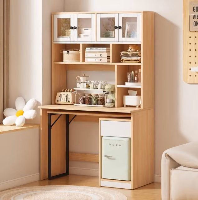 Scrivania con Armadio Alto 180 cm, Mensole e Piano Girevole, Bianco e Legno Chiaro