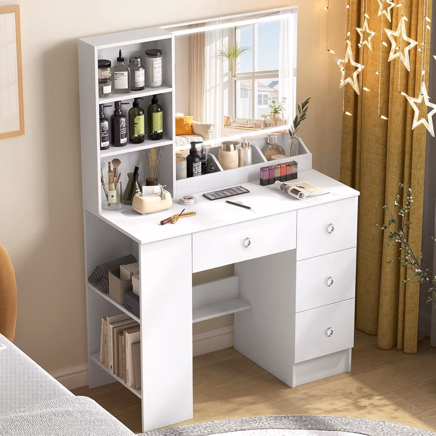 Comò 3-in-1: Trucco, Scrivania e Comodino | Moderno comò bianco con specchio LED integrato e 4 cassetti