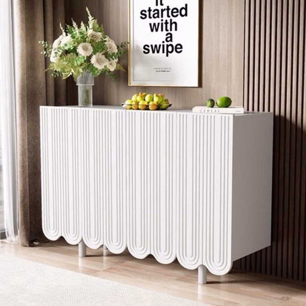 Comodino per cameretta - Cassettiera moderna con ante a forma di goccia - 120x37,5x80,8 cm - Bianco