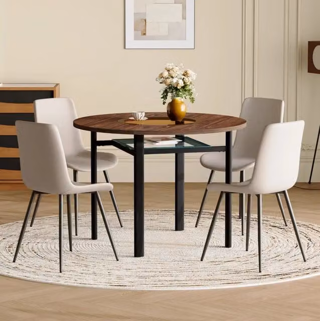 Set da pranzo rotondo moderno con tavolo diam. 100 cm in MDF effetto legno e 4 sedie in PU grigio caldo