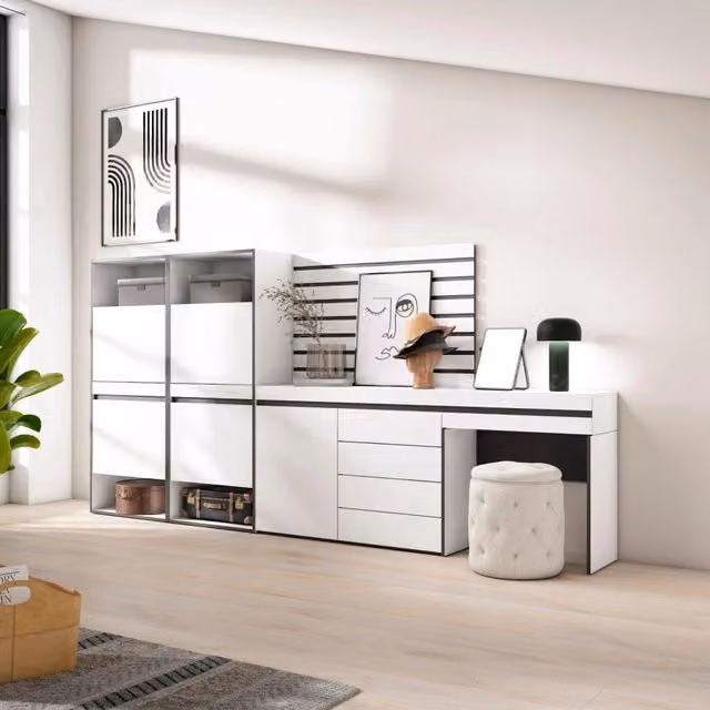 Scarpiera moderna SKRAUT HOME con cassetti e ante basculanti, Bianco, L: 297 cm, P: 35 cm, H: 145 cm